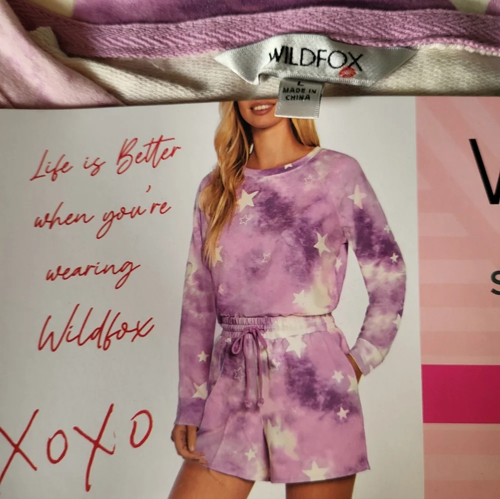 Wildfox Women Large Sweatshirt And Shorts Lounge Pajama Set Purple Star‎ Tie Dye